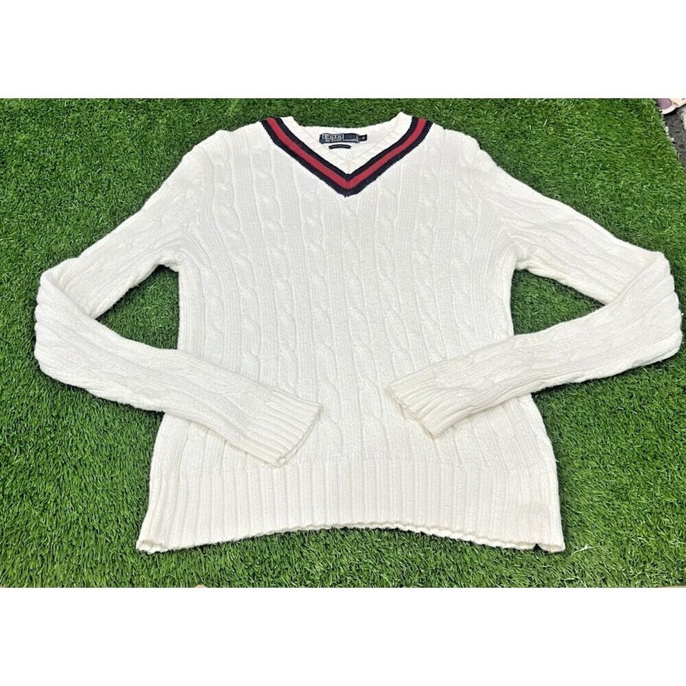 Polo by Ralph Lauren Cream Cable V-Neck Sweater with Red & Navy Stripe